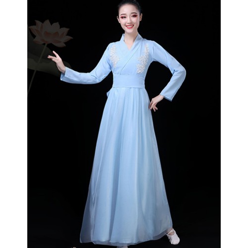 Women's hanfu chinese folk dance costumes umbrella fan dance dresses stage performance fairy anime drama cosplay dresses